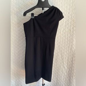 Size 8. one shoulder black midi cocktail dress